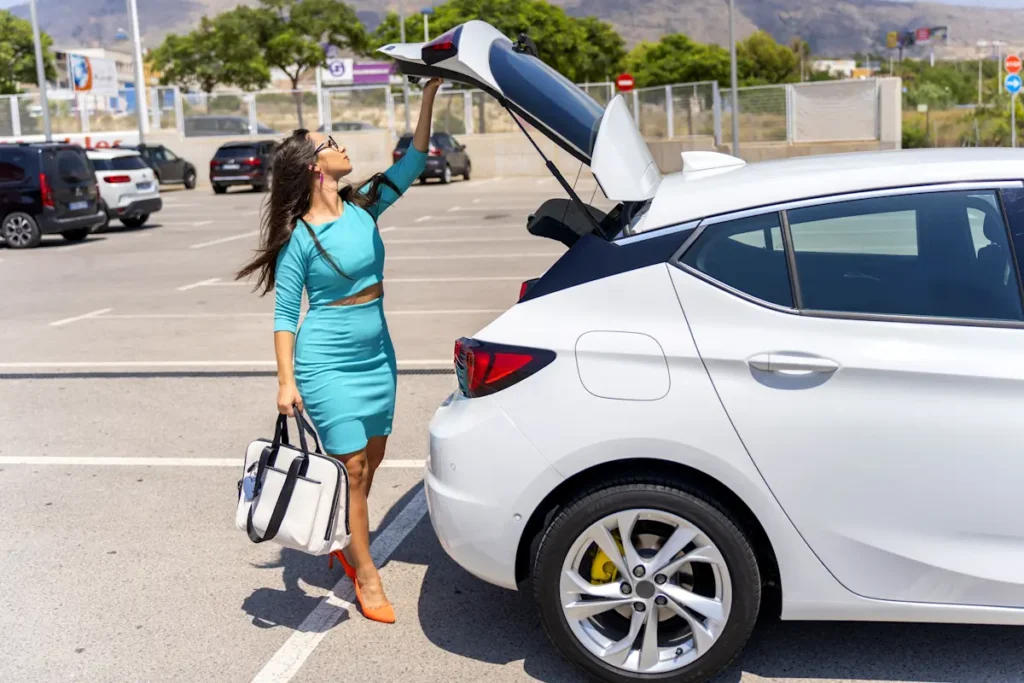 Une femme qui ferme le capot arrière de sa voiture de location en Guadeloupe