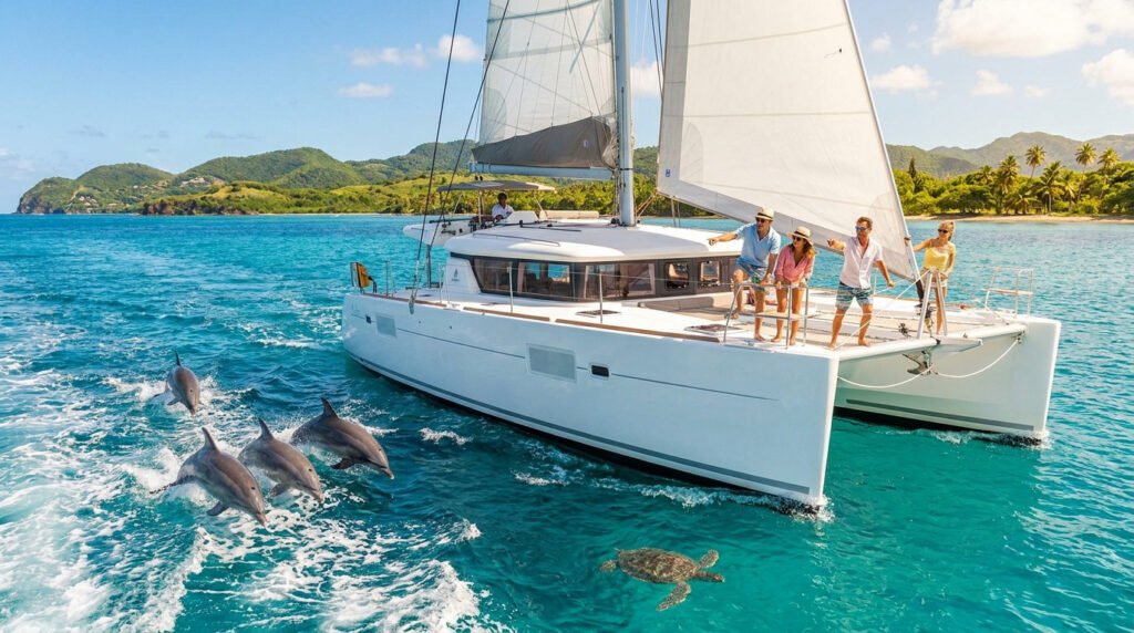 Catamaran blanc sur eaux turquoise. Passagers enthousiastes, dauphins sautant et tortue nageant près d'une île tropicale verdoyante.