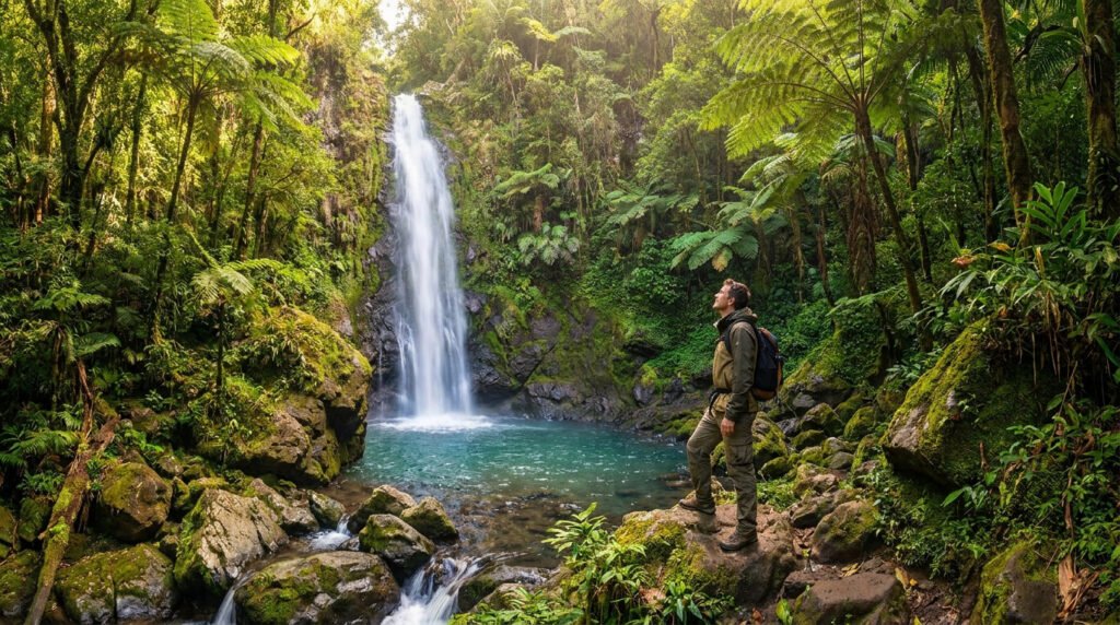Un randonneur au dos tourné contemple une haute cascade s'écoulant dans un bassin turquoise, entouré d'une jungle luxuriante de Basse-Terre.