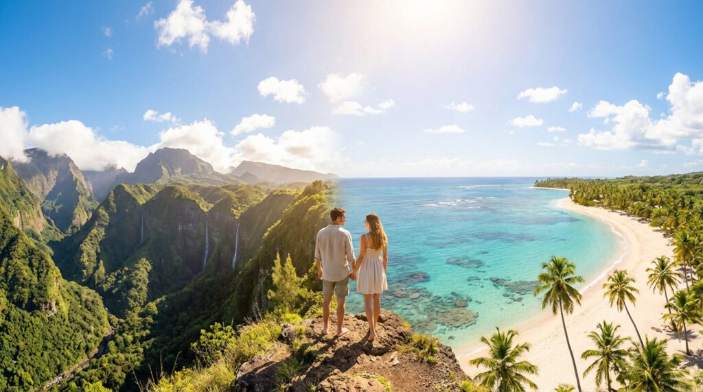 Couple contemplant un paysage composite : montagnes vertes luxuriantes et cascades à gauche, plage de sable blanc et mer turquoise à droite.