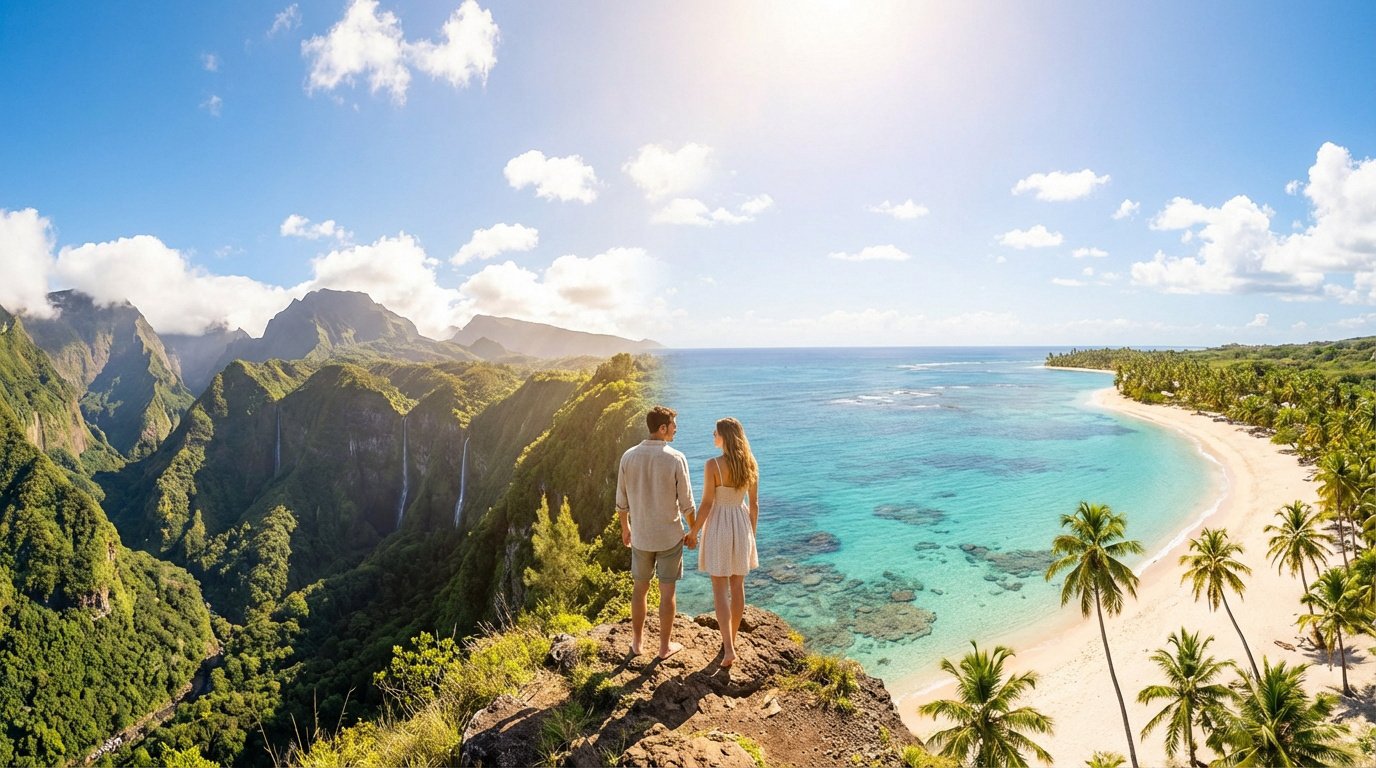 Couple contemplant un paysage composite : montagnes vertes luxuriantes et cascades à gauche, plage de sable blanc et mer turquoise à droite.