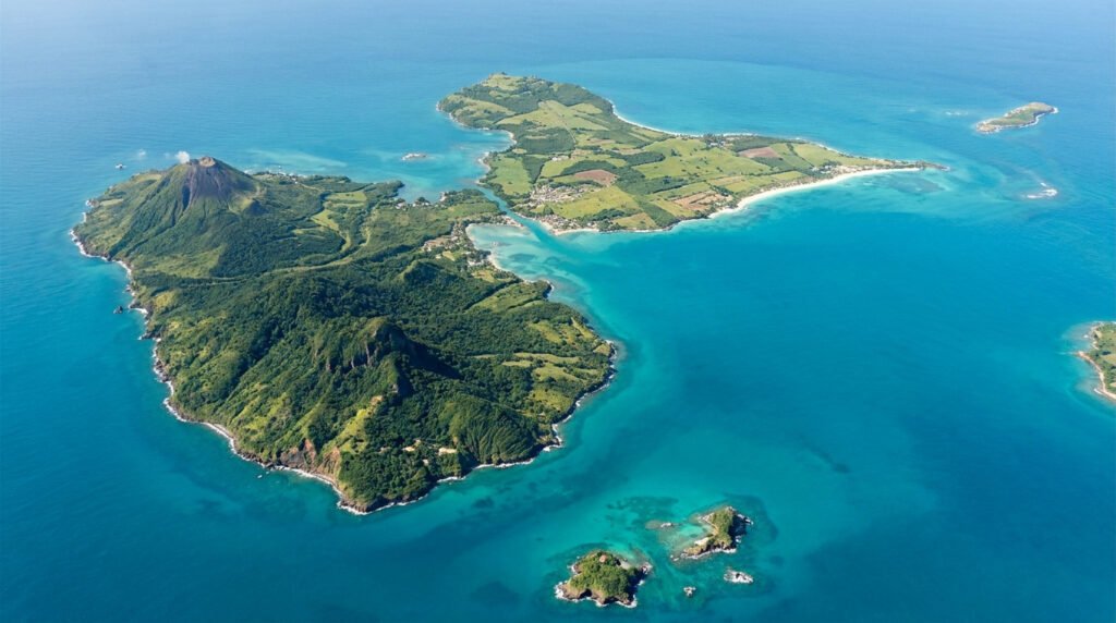 Vue aérienne de la Guadeloupe : Basse-Terre volcanique et verdoyante, Grande-Terre plate et cultivée, reliées par la Rivière Salée.
