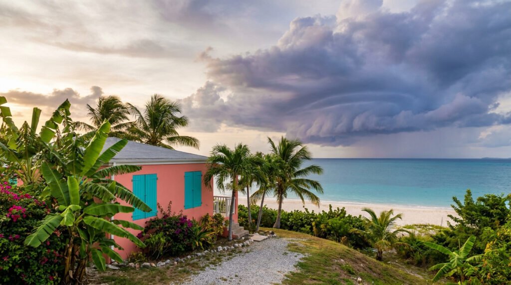 Maison rose aux volets turquoises sur une colline. Plage de sable blanc, mer turquoise, et gros nuages d'orage approchant à l'horizon.