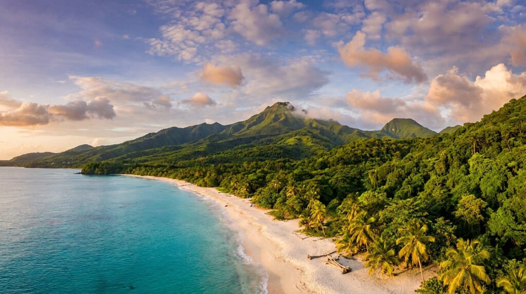 Vue aérienne d'une plage de sable blanc bordée de palmiers et d'une forêt luxuriante, avec des montagnes volcaniques en arrière-plan, sous un ciel nuageux au lever du soleil.