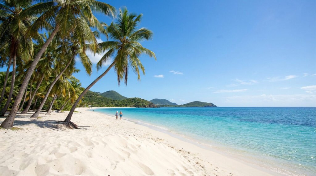 Image d'une plage de sable blanc bordée de cocotiers, avec une mer turquoise et des collines verdoyantes. Un couple marche au loin.