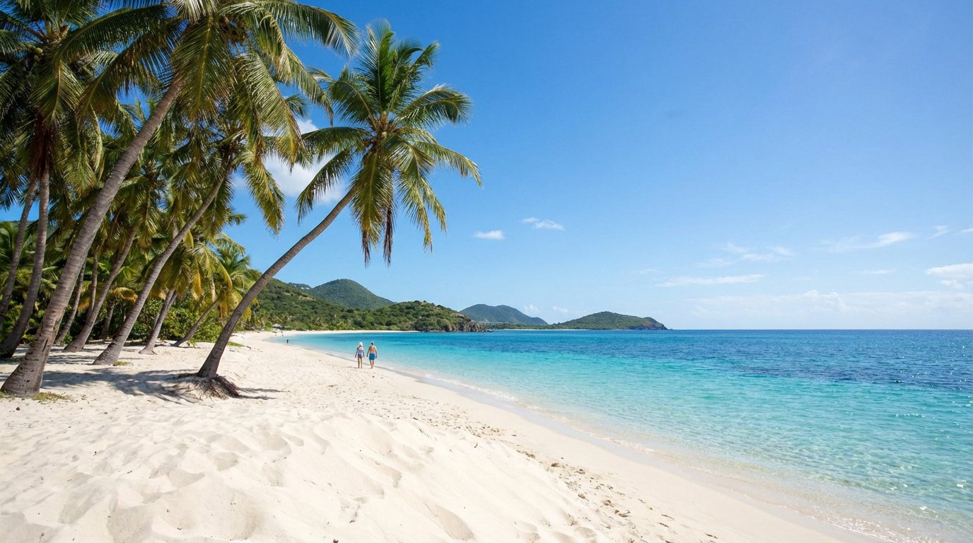 Image d'une plage de sable blanc bordée de cocotiers, avec une mer turquoise et des collines verdoyantes. Un couple marche au loin.