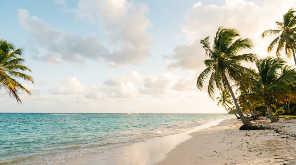 Plage de sable blanc bordée de palmiers tropicaux, avec une mer turquoise et des vagues douces sous un ciel parsemé de nuages.