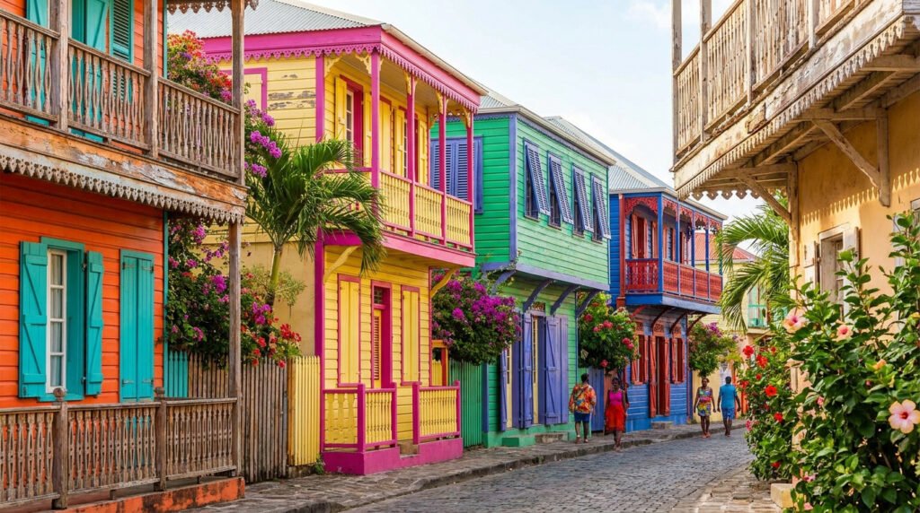 Rue pavée bordée de maisons créoles aux façades éclatantes (orange, jaune, vert, bleu) et balcons en bois, sous un ciel ensoleillé. Fleurs et passants ajoutent à la scène.