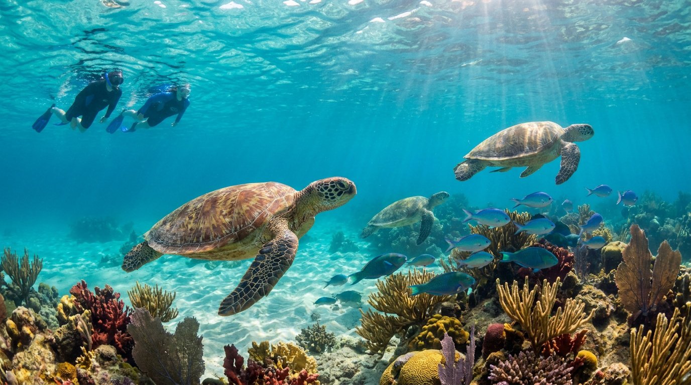 Plusieurs tortues marines, poissons et snorkelers sur un récif corallien des Antilles, sous une eau limpide et ensoleillée.