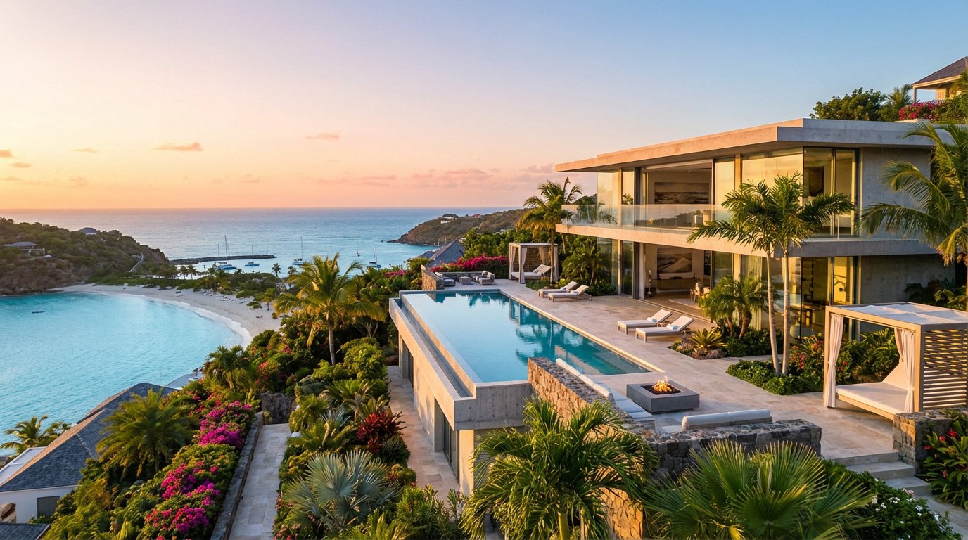 Luxueuse villa moderne avec piscine à débordement et vue imprenable sur une baie turquoise au coucher du soleil à Saint-Barthélemy.
