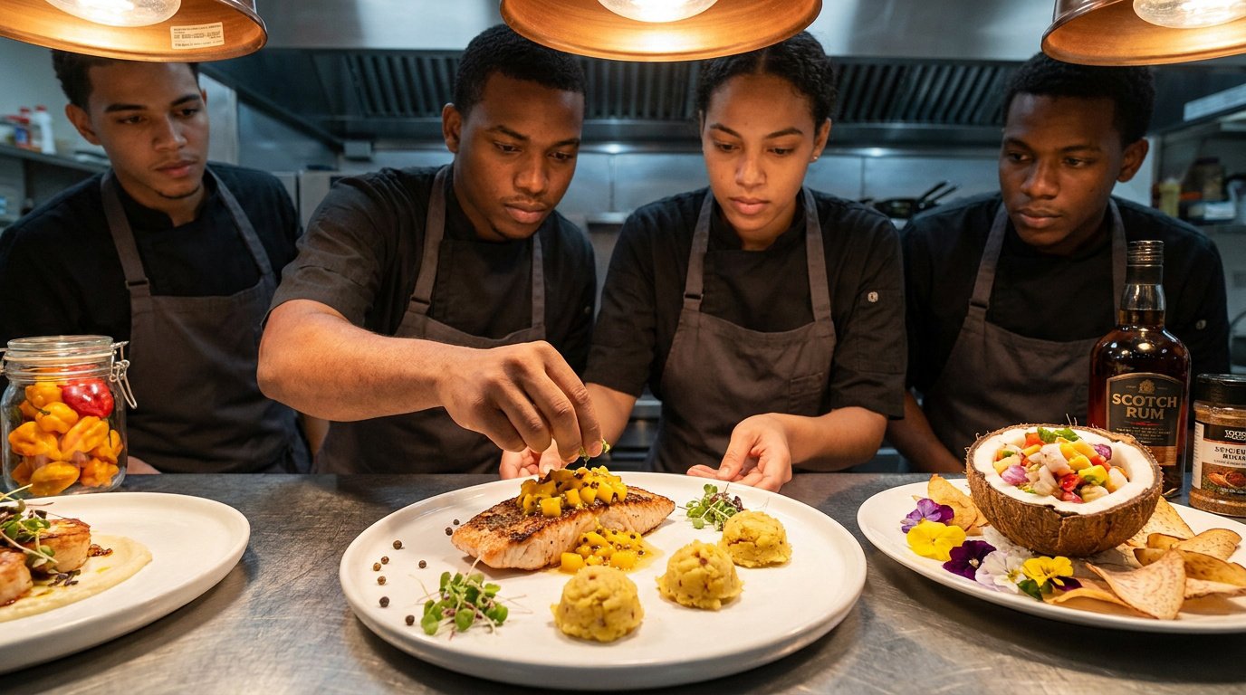 Quatre jeunes chefs en cuisine, habillés en uniforme, dressent méticuleusement des plats raffinés aux saveurs antillaises.