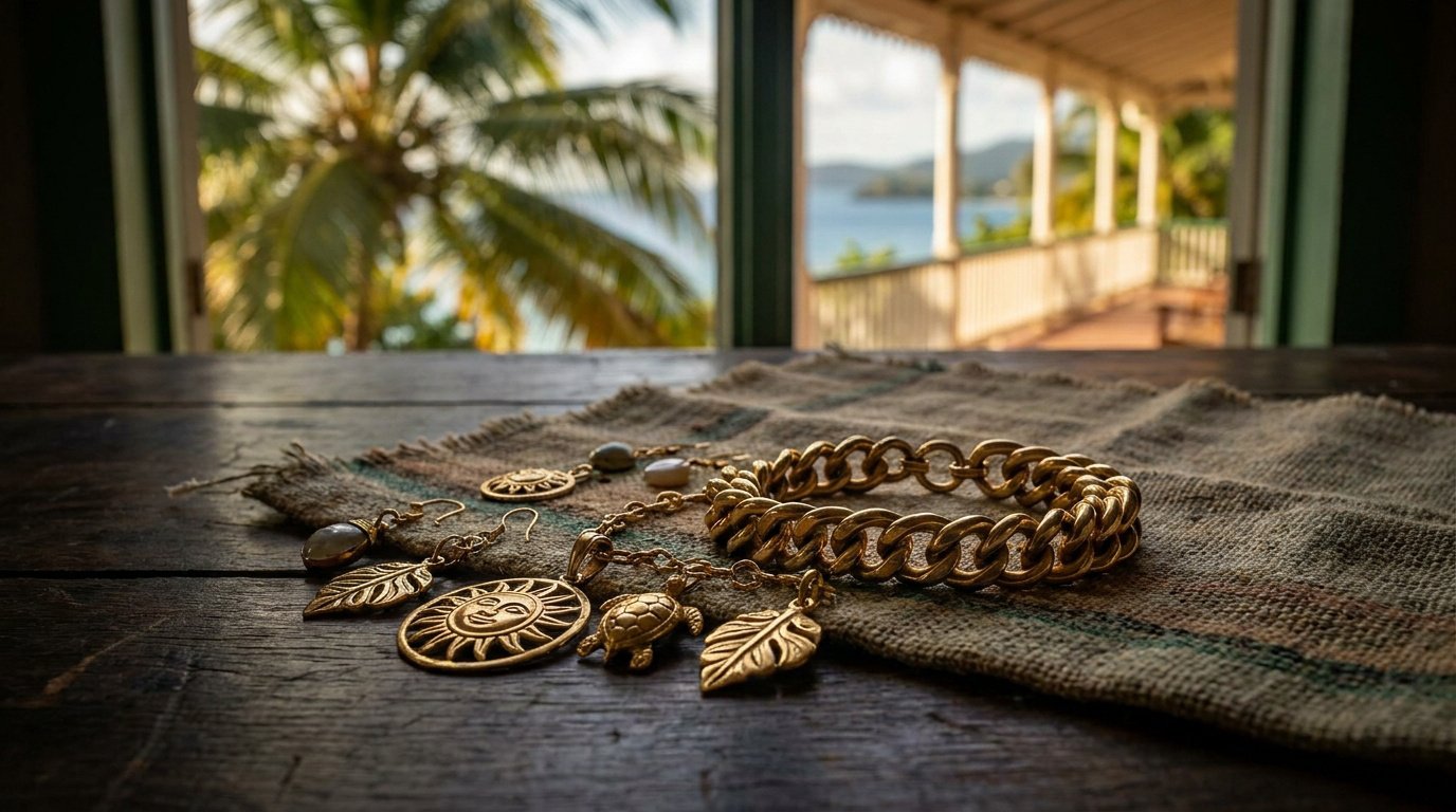Bijoux dorés avec motifs de soleil, tortue et feuille posés sur un tissu brut devant une vue tropicale.