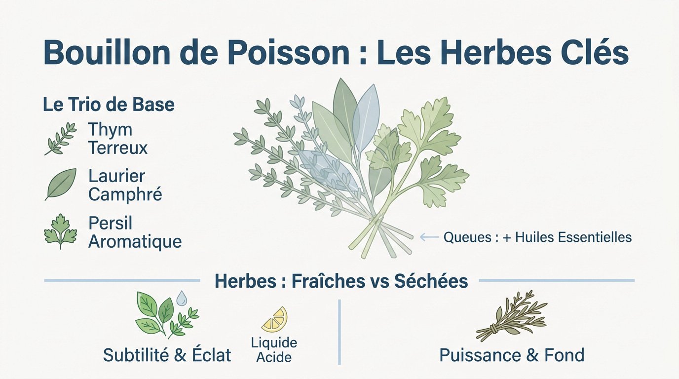 Assortiment d'herbes fraîches et bouquet garni pour bouillon de poisson