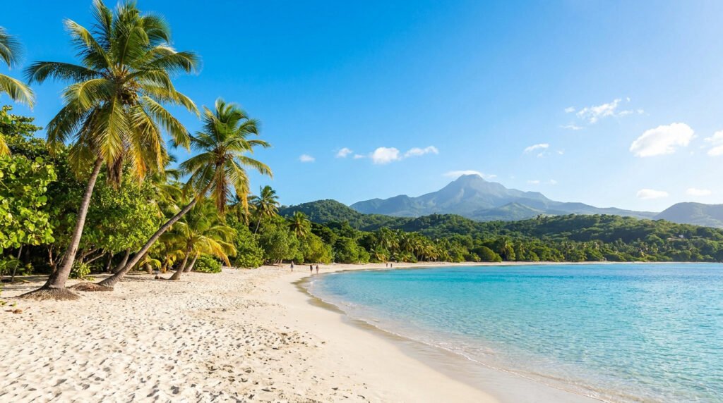 Plage de sable blanc bordée de cocotiers avec la montagne Pelée en arrière-plan sous un ciel bleu dégagé.