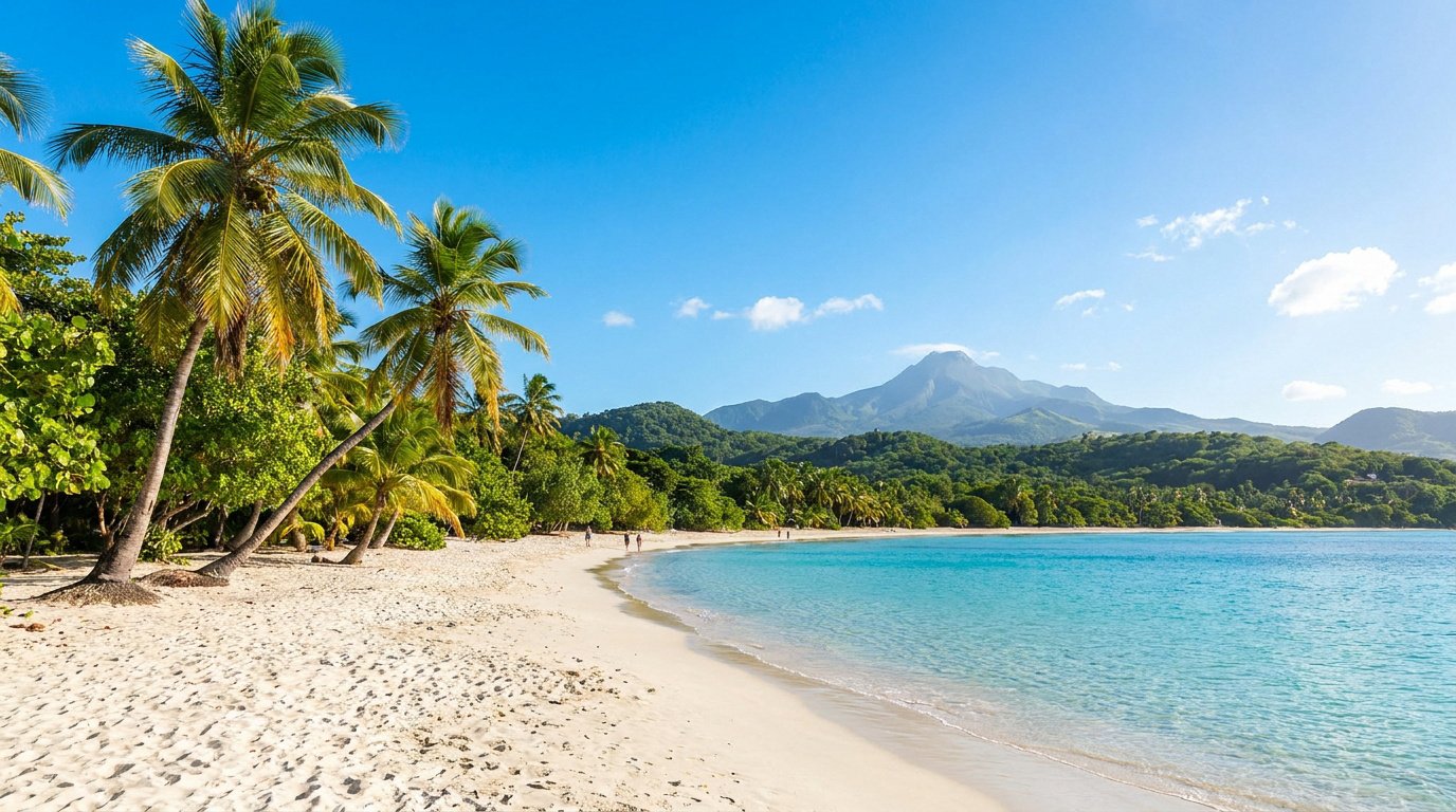 Plage de sable blanc bordée de cocotiers avec la montagne Pelée en arrière-plan sous un ciel bleu dégagé.
