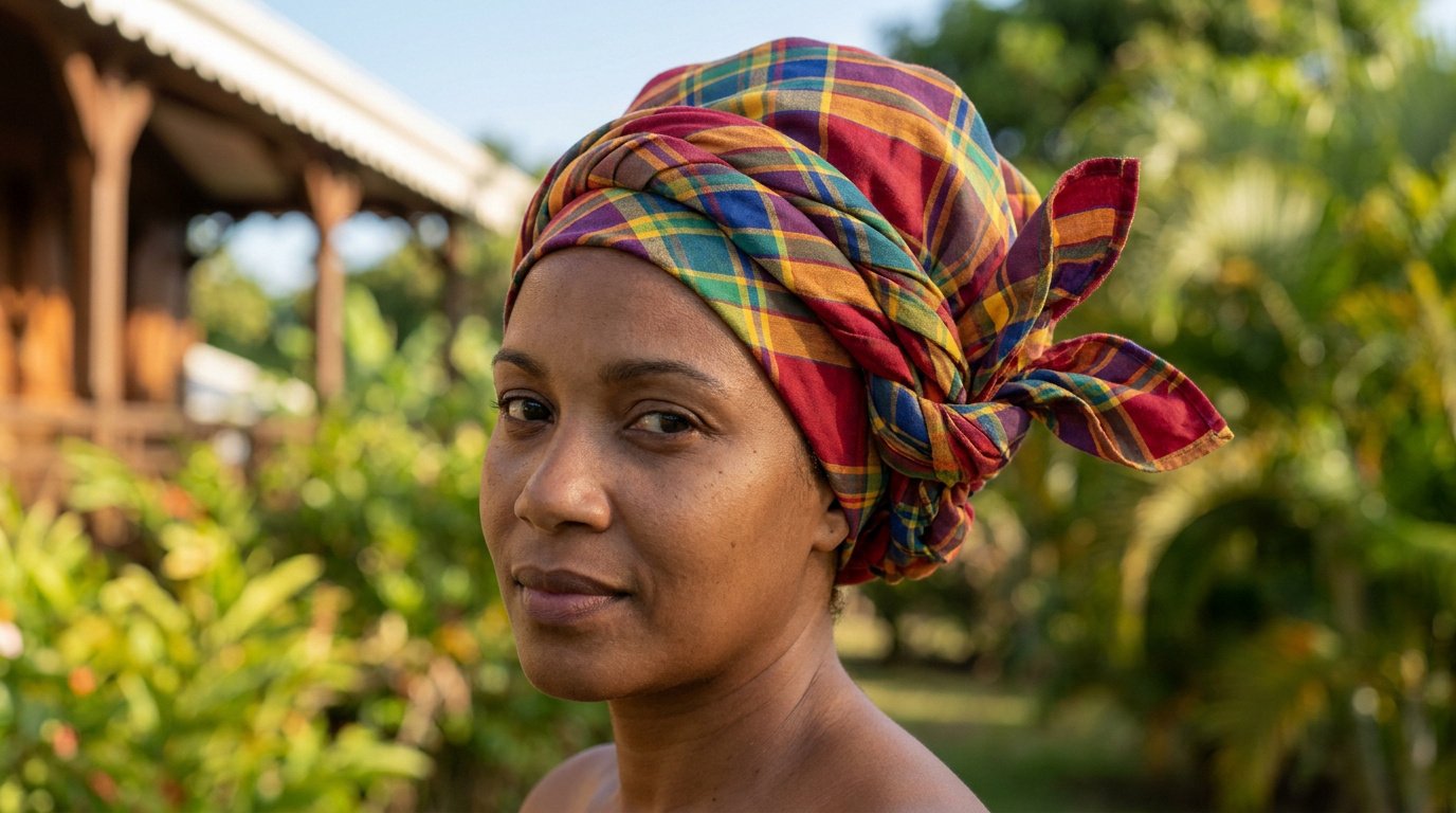 Portrait d'une femme portant une coiffe créole traditionnelle en tissu madras coloré dans un jardin tropical.