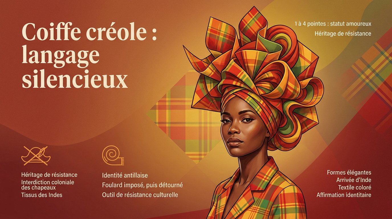 Femme portant une coiffe créole traditionnelle en madras avec des pointes symboliques