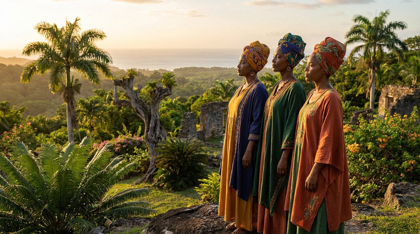 Trois femmes antillaises en tenues traditionnelles contemplent un paysage tropical au coucher du soleil.
