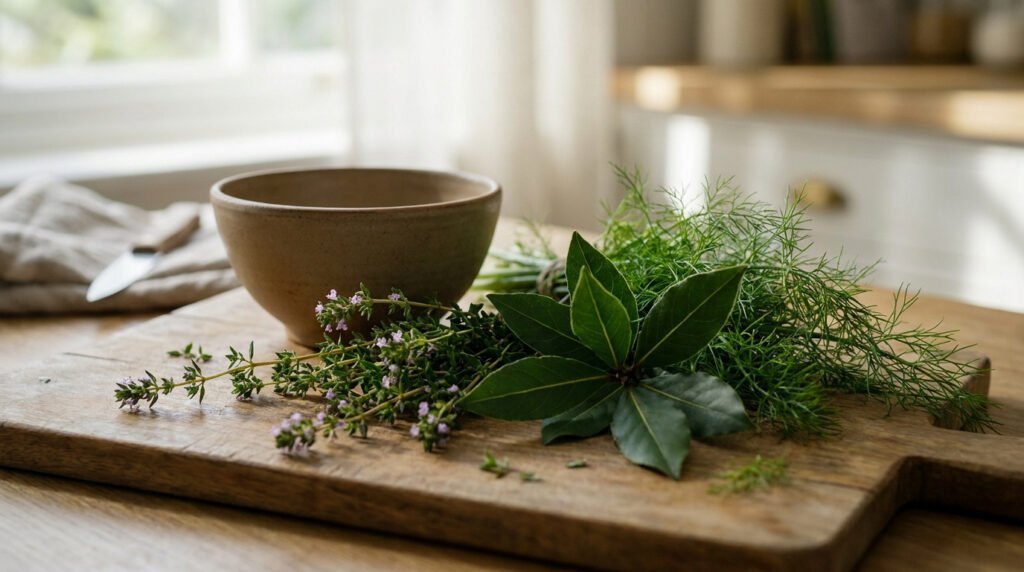 Un assortiment d'herbes fraîches (thym, laurier, aneth) sur planche en bois, avec un bol rustique et cuisine floue en arrière-plan.