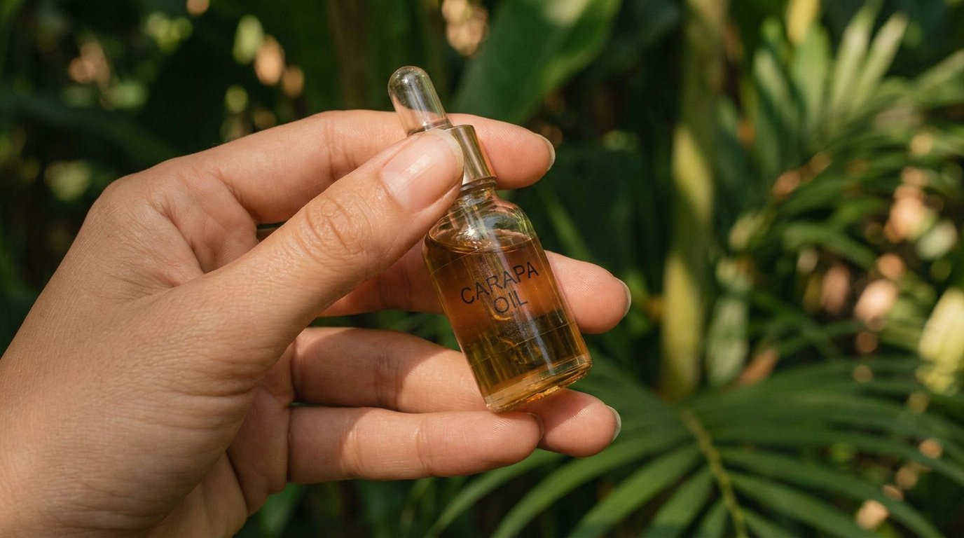 Main tenant une petite fiole d'huile de carapa avec un compte-gouttes, fond flou de végétation verte.