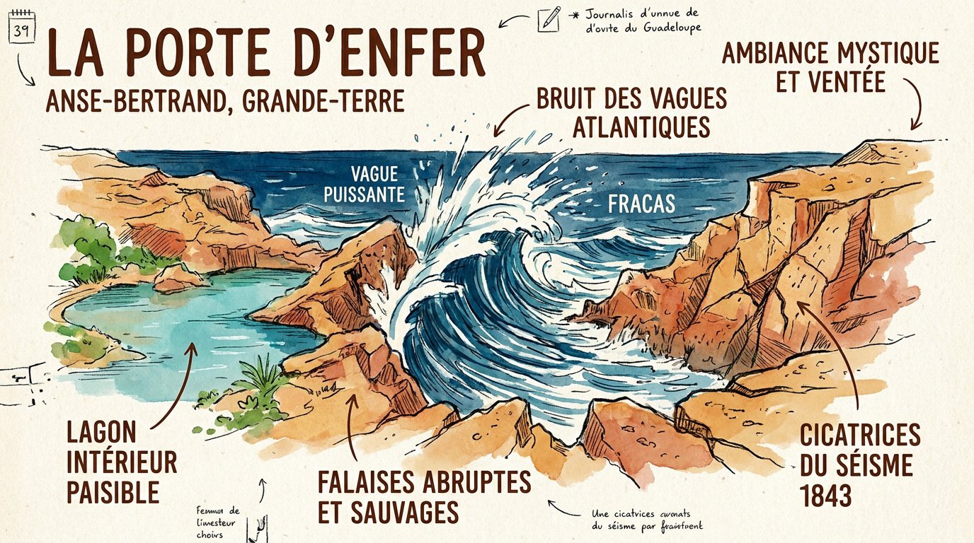 Vagues déchaînées se fracassant contre les falaises calcaires de la Porte d'Enfer en Guadeloupe