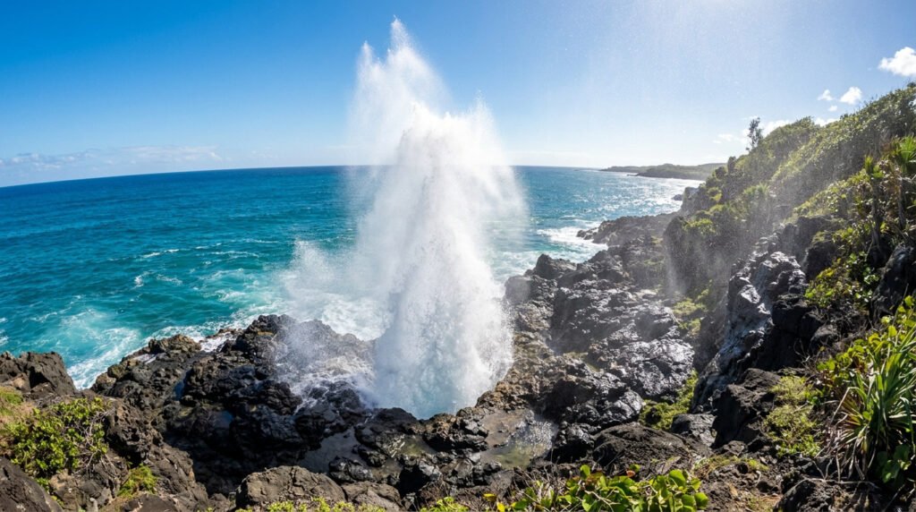Souffleur marin en Guadeloupe, un jet d'eau spectaculaire s'élevant des rochers volcaniques face à l'océan turquoise.