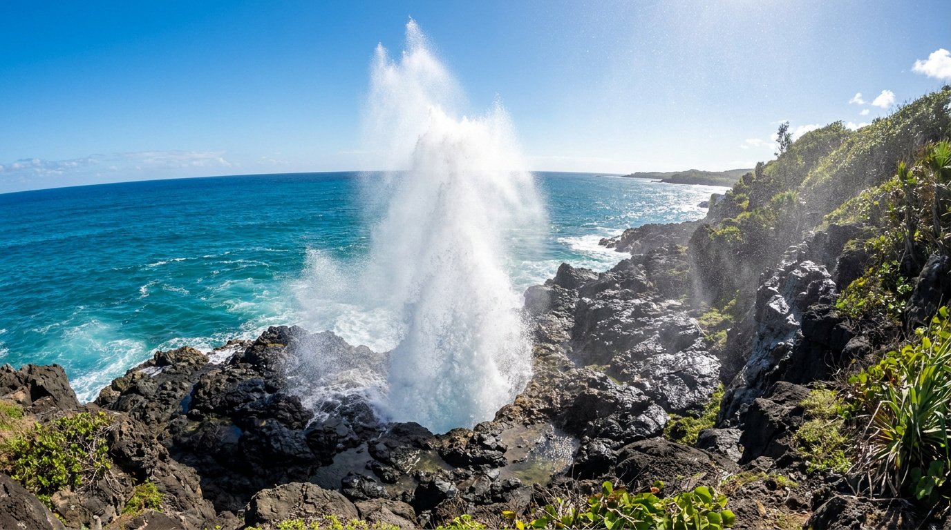 Souffleur marin en Guadeloupe, un jet d'eau spectaculaire s'élevant des rochers volcaniques face à l'océan turquoise.