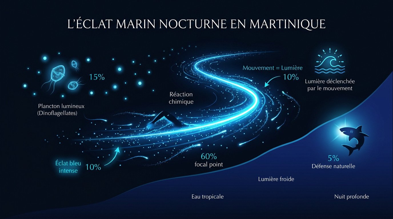 Plancton bioluminescent brillant d'un bleu intense dans les eaux nocturnes de Martinique