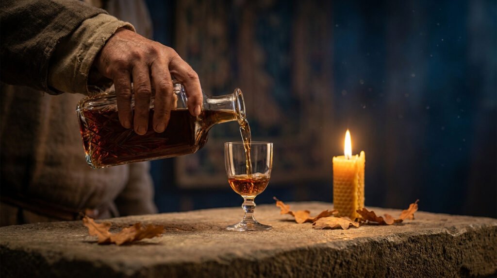 Main versant du rhum d'une carafe dans un verre. À côté, bougie allumée et feuilles sèches sur une table en pierre sombre.