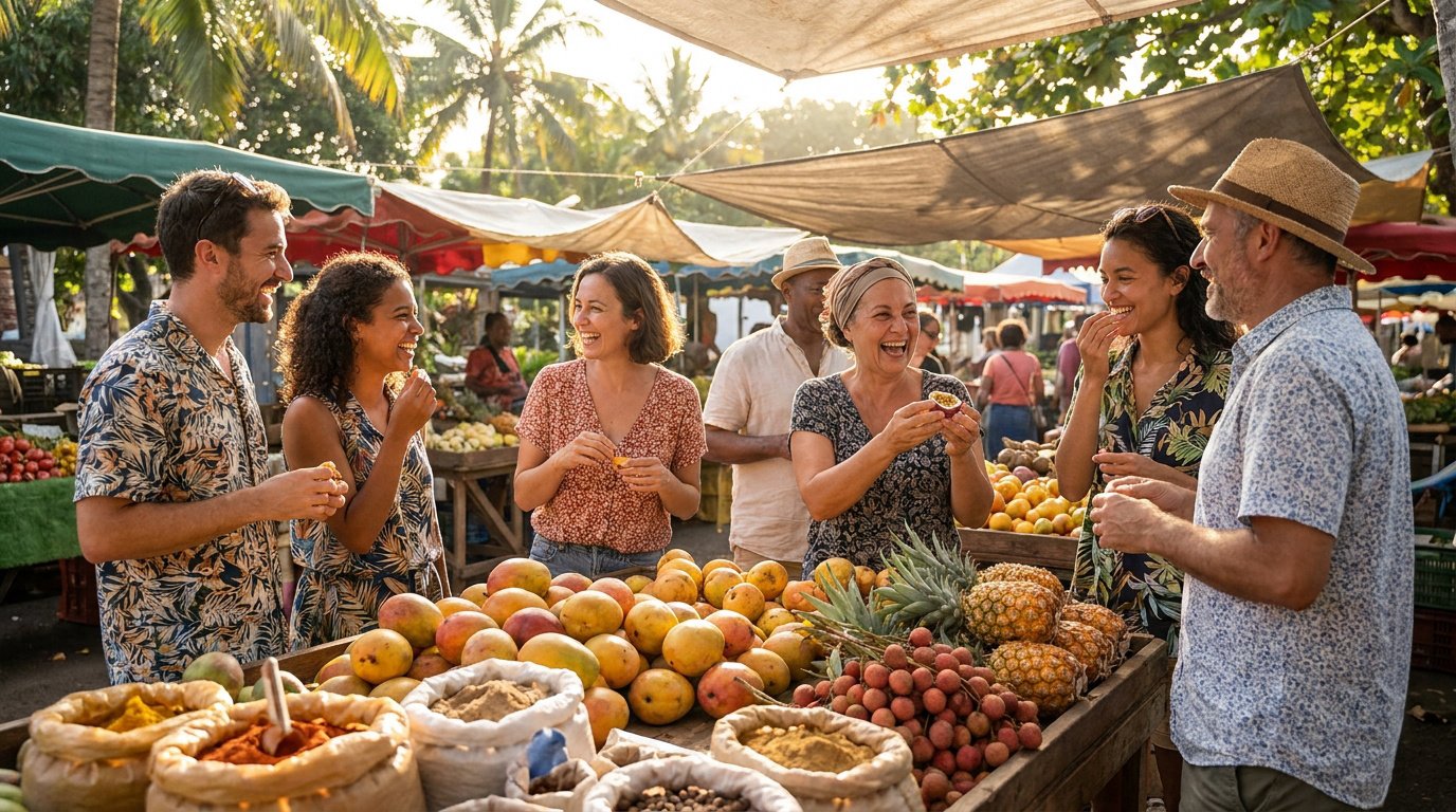 Un groupe d'amis sourit en goûtant des fruits exotiques sur un étal de marché traditionnel sous des auvents.