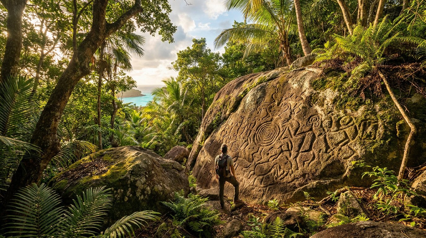 Un randonneur observe des pétroglyphes ancestraux gravés sur un rocher imposant au cœur d'une forêt tropicale luxuriante.