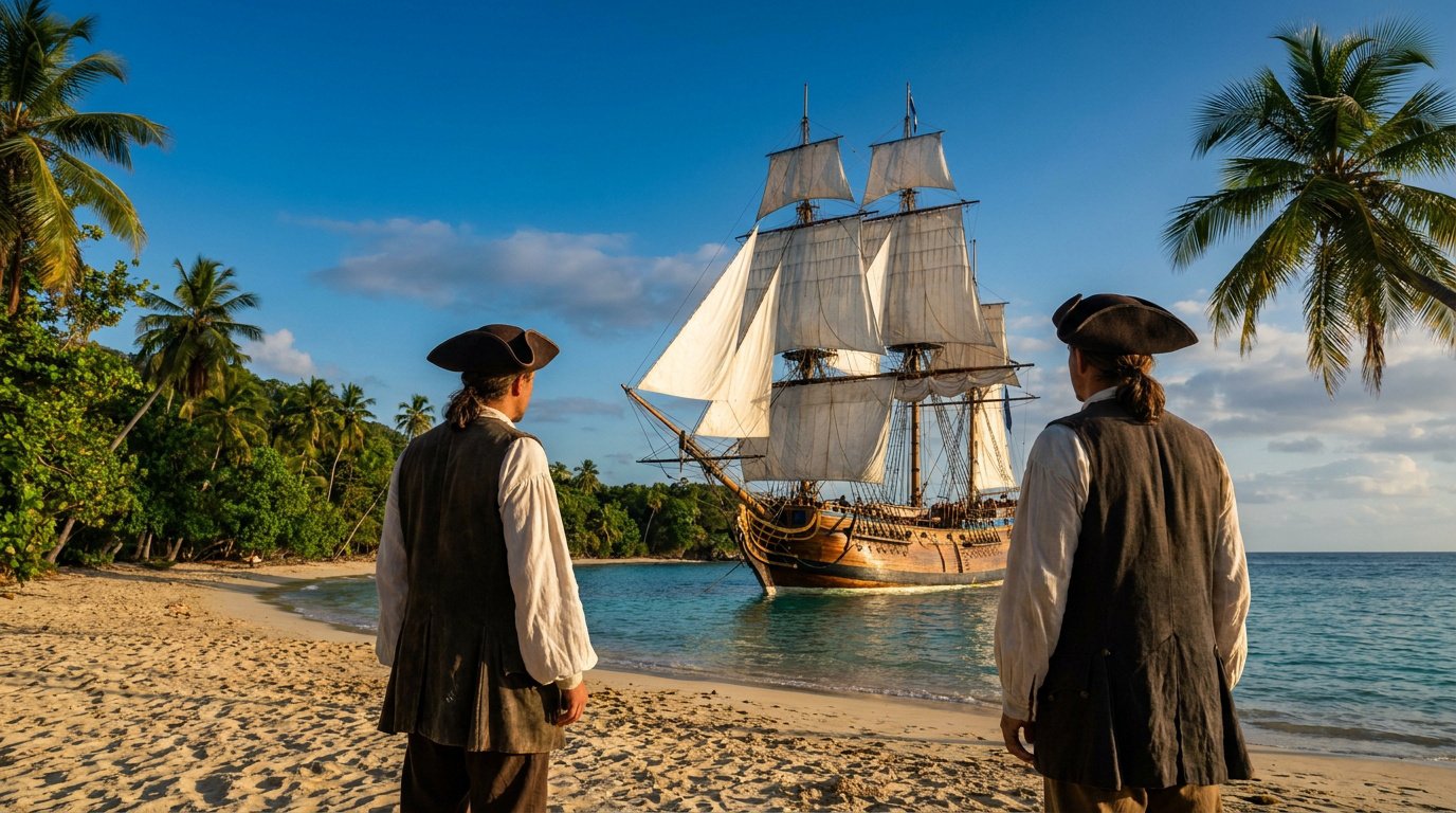 Deux pirates sur une plage tropicale des Antilles françaises observent un grand voilier à l'ancre sous un ciel bleu éclatant.