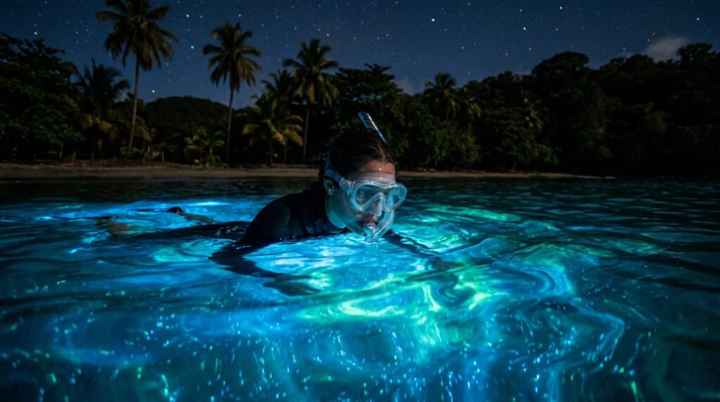 Une femme en masque et tuba nage dans une mer tropicale brillamment bioluminescente la nuit, avec un ciel étoilé et des palmiers.