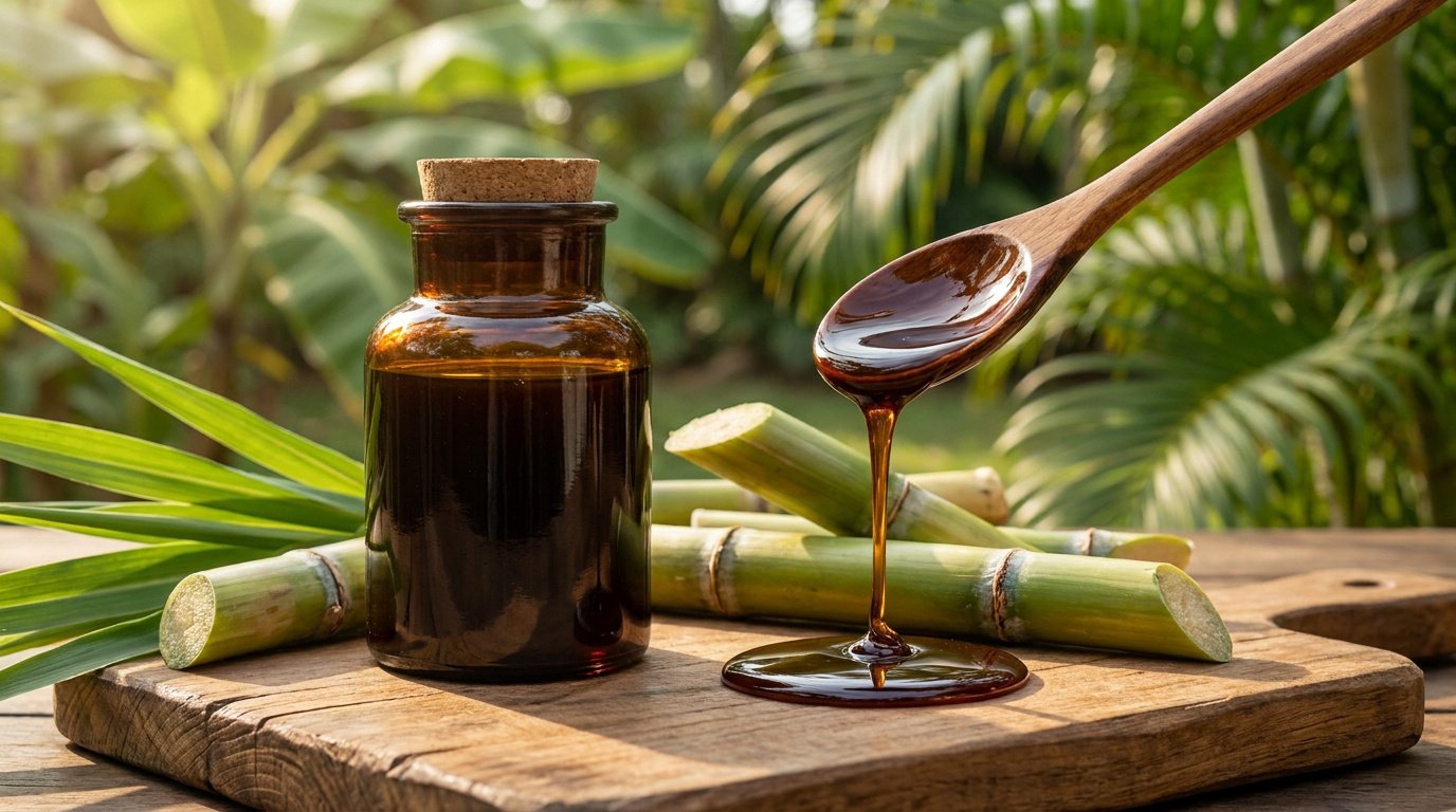Bouteille de sirop de batterie et cuillère en bois avec du sirop coulant sur une planche devant des tiges de canne.