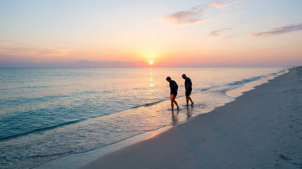 Un couple marche sur une plage de sable au lever du soleil, les pieds dans l'eau.