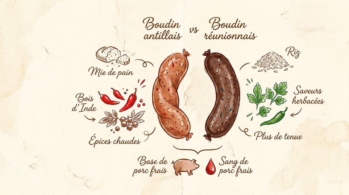 Comparaison visuelle entre un boudin noir antillais épicé et un boudin réunionnais traditionnel