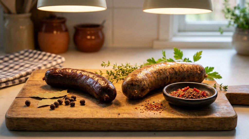 Deux types de boudins différents posés sur une planche à découper en bois avec des épices et des herbes aromatiques.