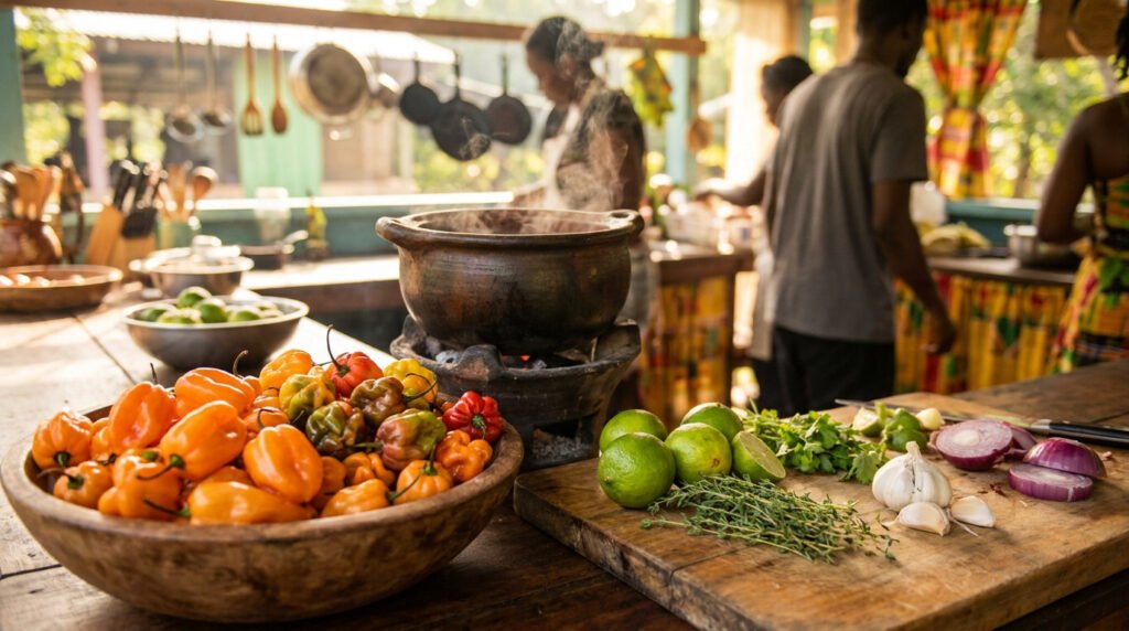 Un bol de piments habaneros frais sur une table de cuisine avec des limes, de l'oignon et un plat mijotant en arrière-plan.