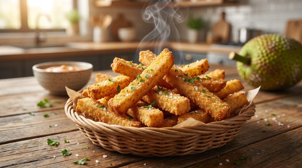 Panier de frites de fruit à pain dorées et fumantes sur une table en bois avec un fruit à pain entier en arrière-plan.