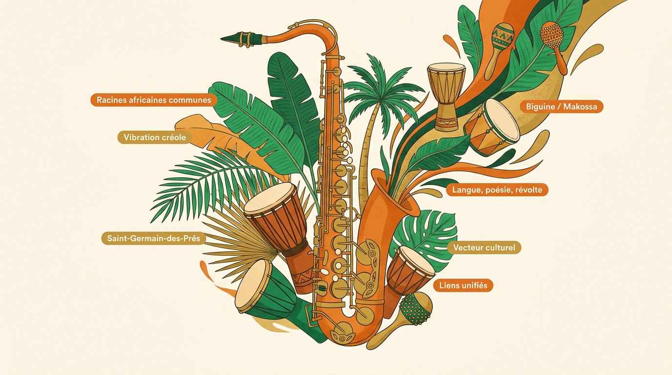 Fusion musicale entre le saxophone de Manu Dibango et les percussions tropicales antillaises