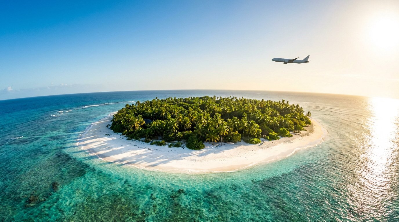 Avion survolant une île tropicale paradisiaque aux eaux turquoise.