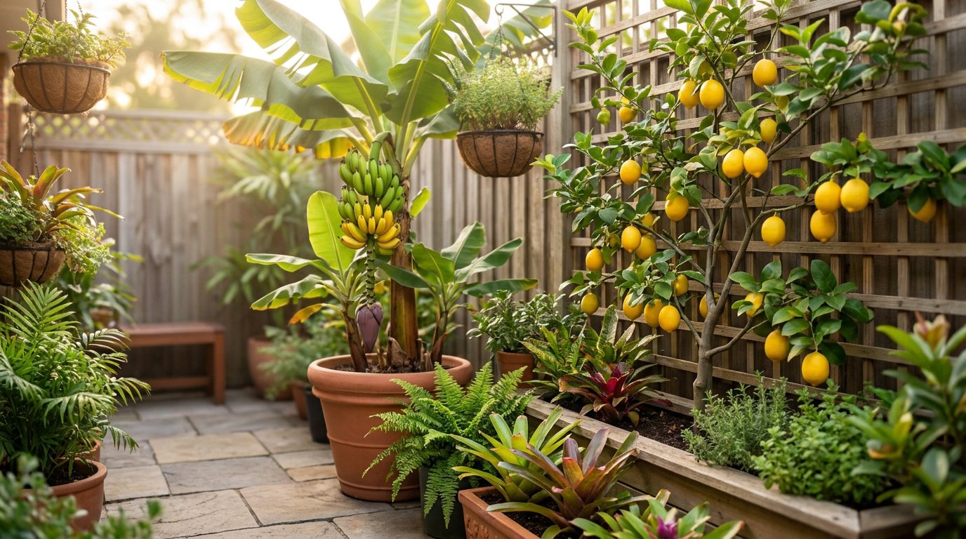 Un petit jardin avec un bananier en pot, un citronnier palissé contre un treillis et diverses plantes en pots.