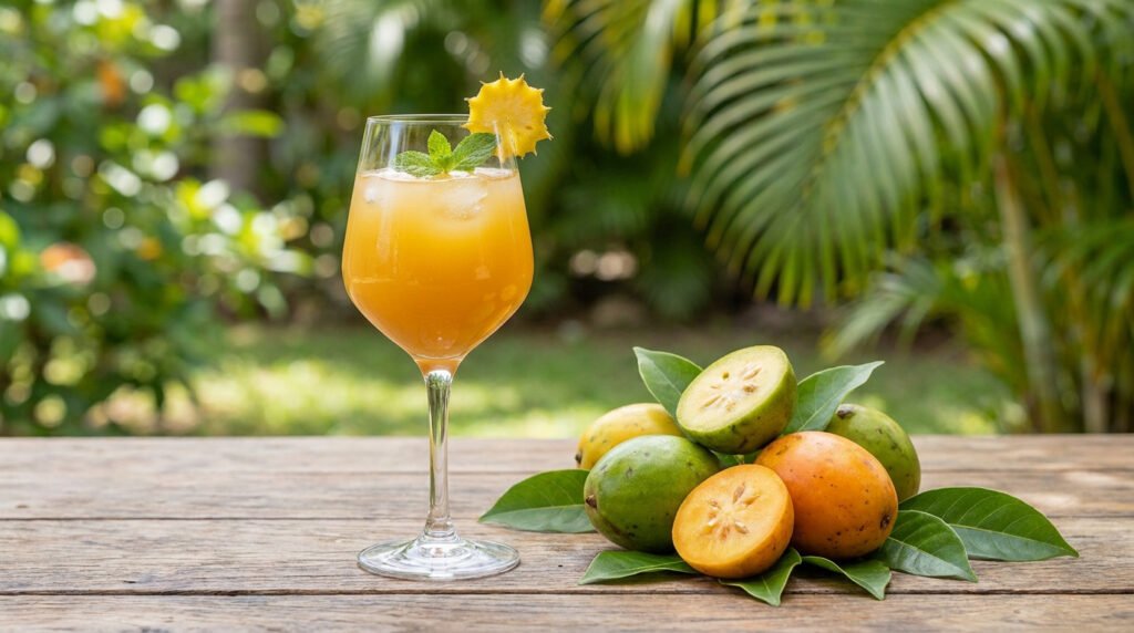 Un verre de jus de prune de cythère glacé avec des fruits frais posé sur une table en bois en extérieur.