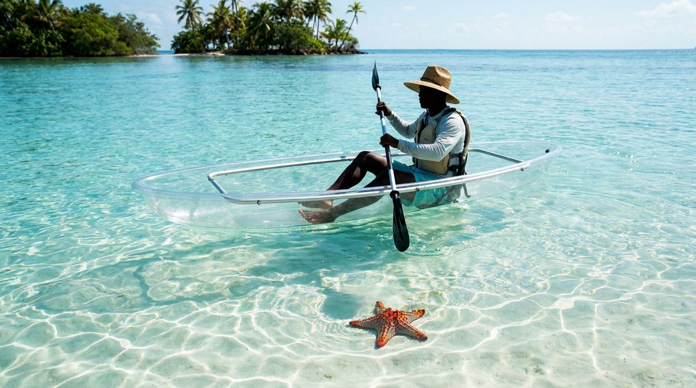 Un homme en chapeau de paille pagaye dans un kayak transparent au-dessus d'une étoile de mer dans une eau cristalline.