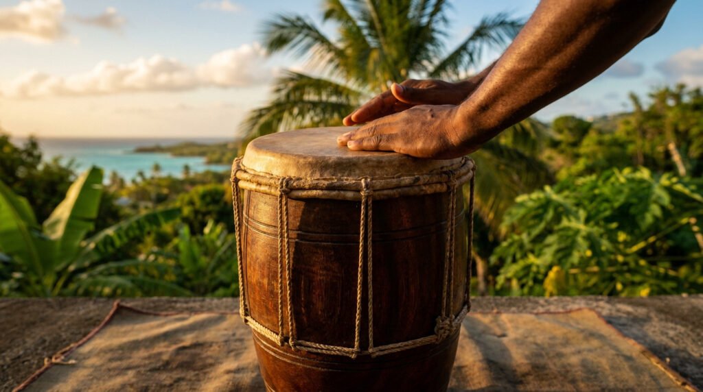 Gros plan sur des mains jouant d'un tambour Gwo ka traditionnel avec une vue tropicale en arrière-plan.