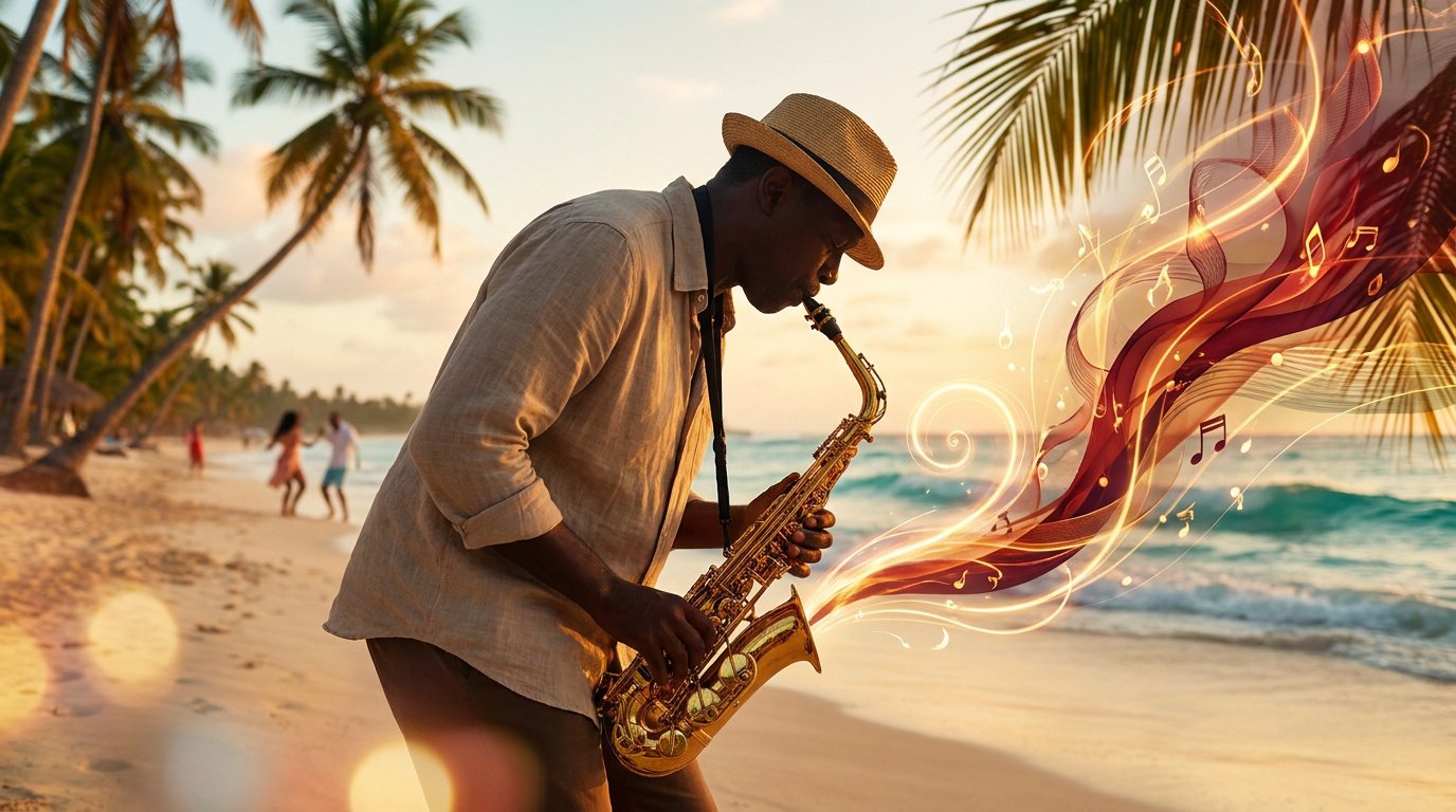 Un saxophoniste jouant sur une plage au coucher du soleil, avec des notes de musique lumineuses s'échappant de l'instrument.