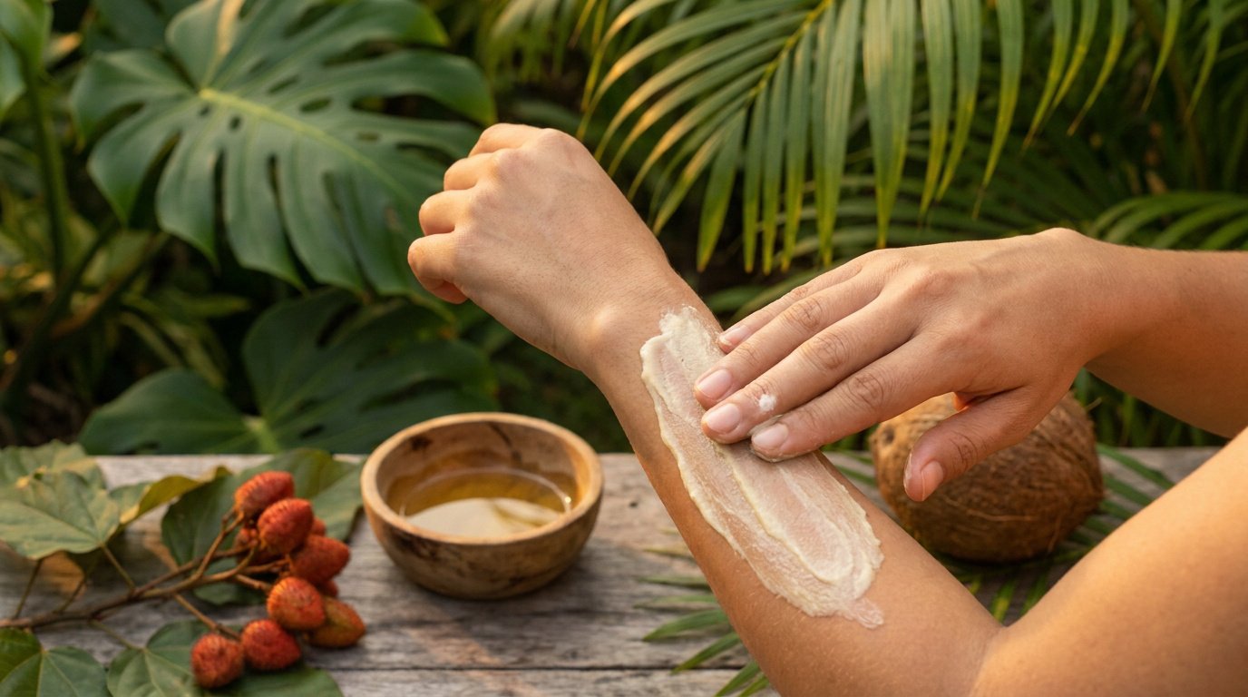 Une personne applique une crème artisanale sur son bras avec une noix de coco et des baies en arrière-plan.