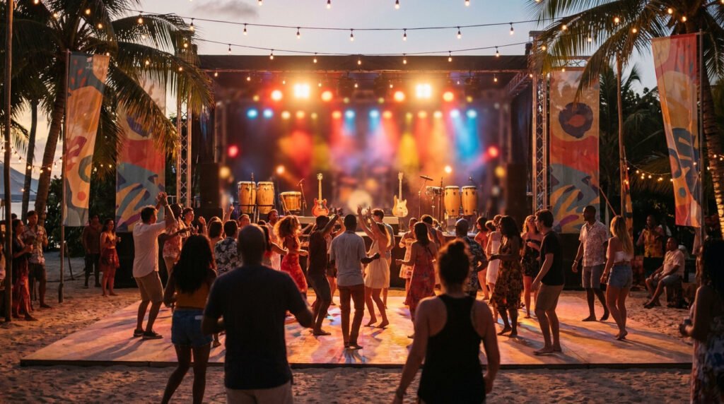 Une foule danse sur une scène en bois sur une plage, avec des lumières colorées, des palmiers et des instruments.