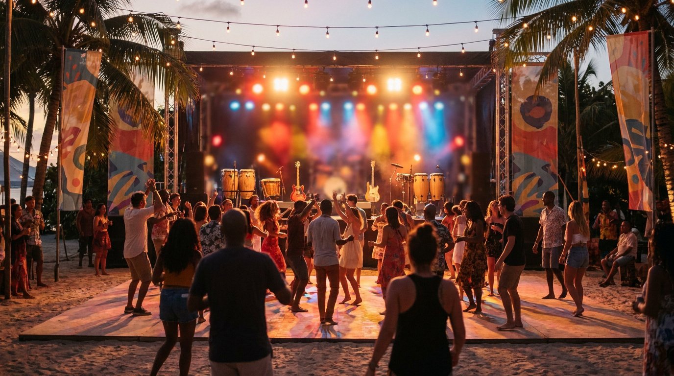 Une foule danse sur une scène en bois sur une plage, avec des lumières colorées, des palmiers et des instruments.
