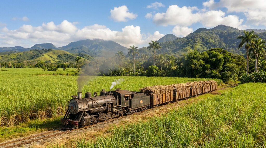 Un train à vapeur tractant des wagons de canne à sucre dans un paysage tropical verdoyant en Martinique.